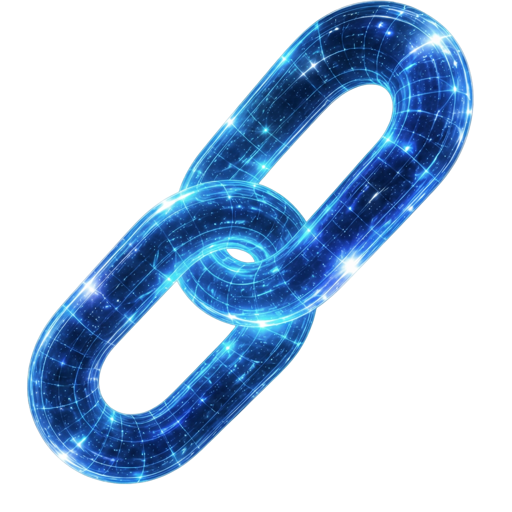 Glowing blue 3D chain of two interlocking links, illustrating Backlinq outreach placements