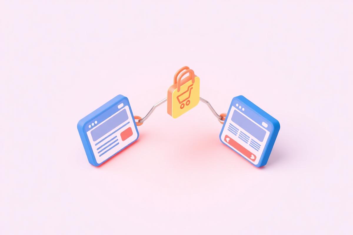 3D illustration of two website cards linked by a chain and a shopping tag