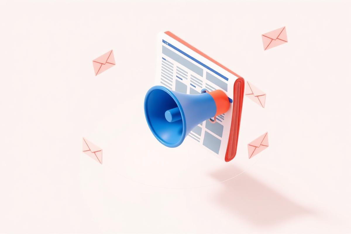3D illustration of a newspaper, megaphone and floating email envelopes